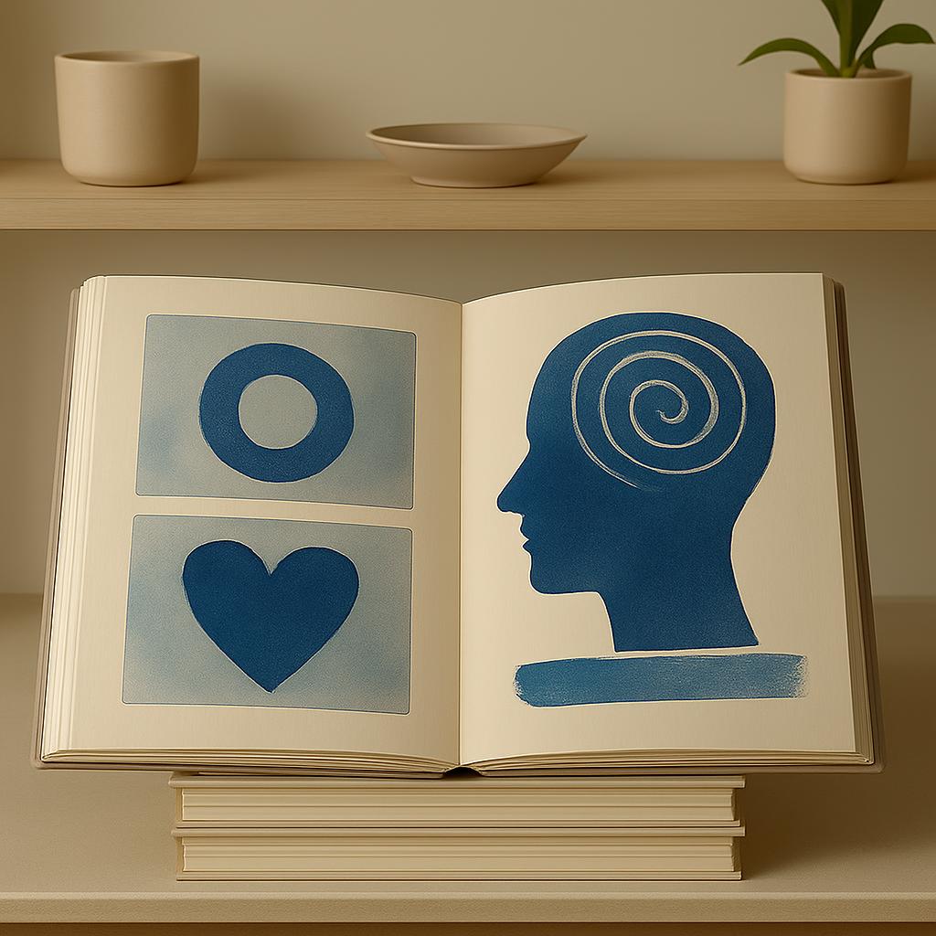 an open book with drawing diagrams of mined circles, a heart and a head.