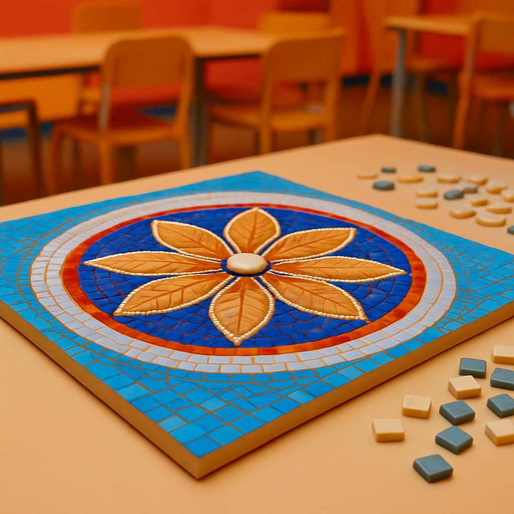 A close-up photo of a mosaic tabletop tile game on a wooden table, featuring a blue, orange, and cream colored flower desi...