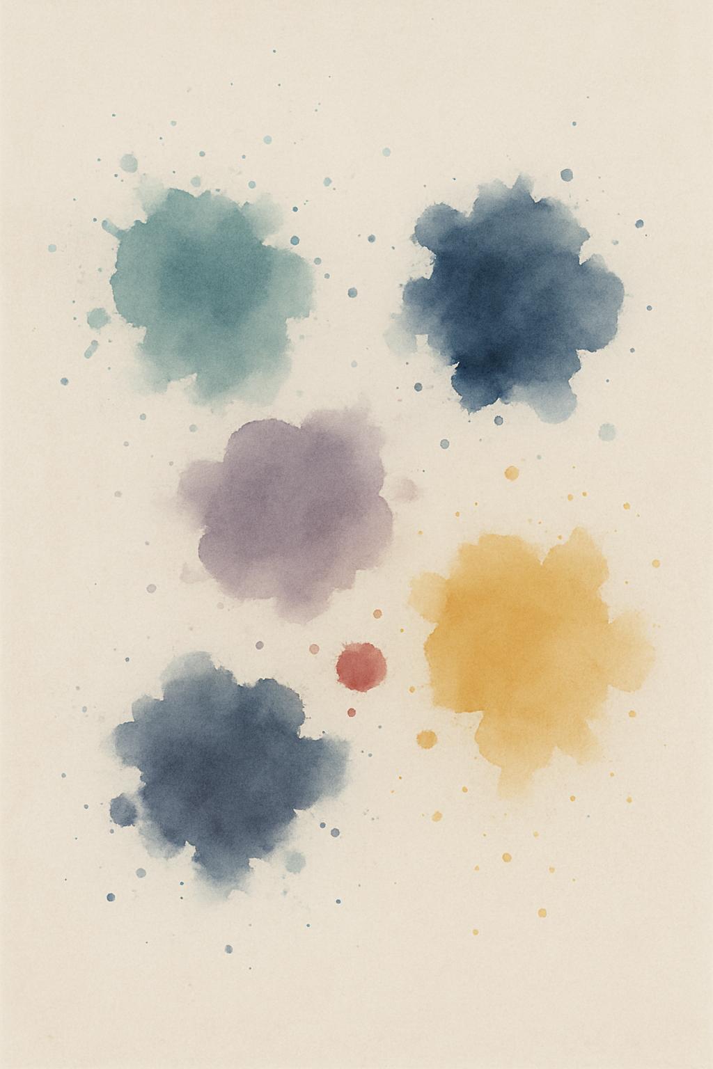 This image showcases a canvas of watercolor paint splatters in varied hues, set against a white background.