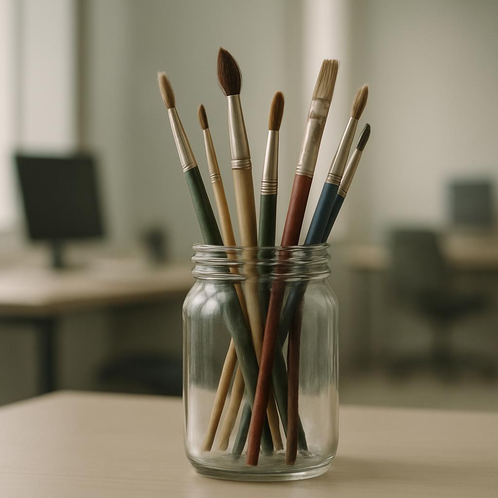 Eight different paint brushes of varying sizes and shapes in a glass jar on a light wood surface. Blurred out in the backg...