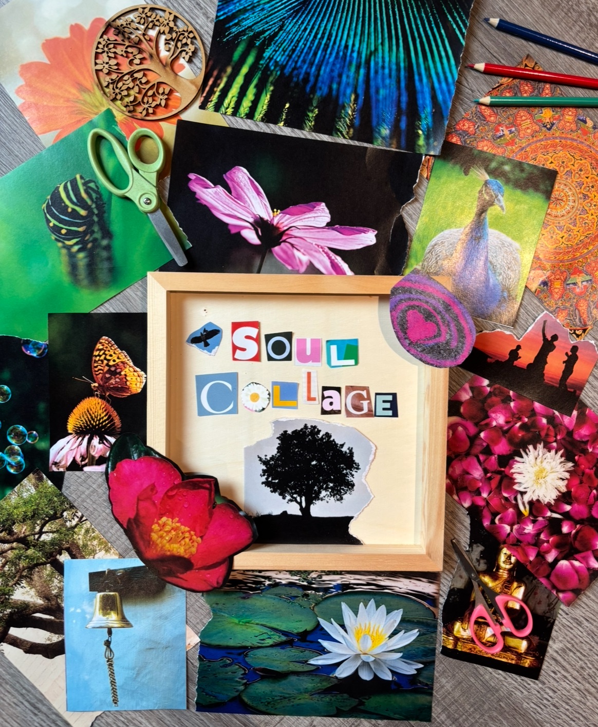 A soul collage, featuring a variety of nature-inspired art created from prints, photographs and cut up images in a unique ...