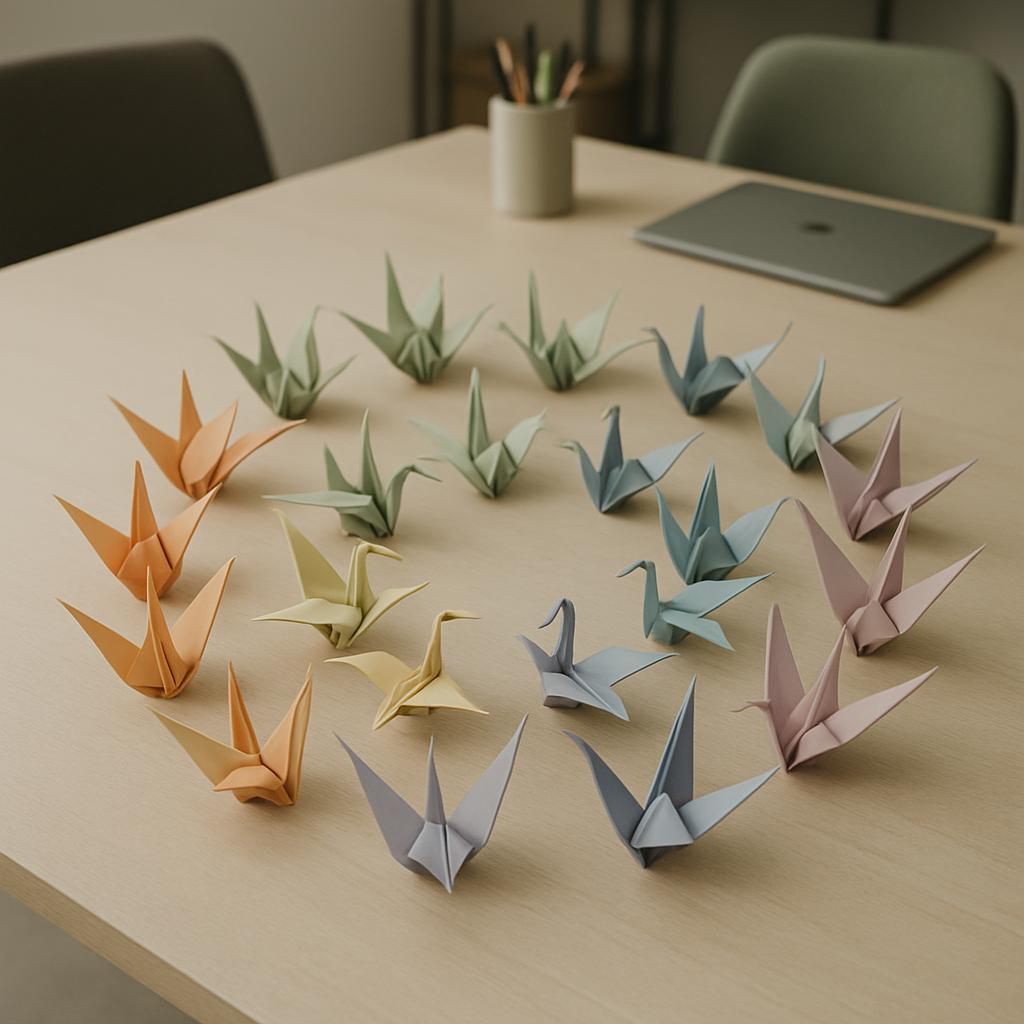 A collection of 20 paper cranes, crafted from diverse colored papers, is arranged in a circular pattern on a light wood ta...